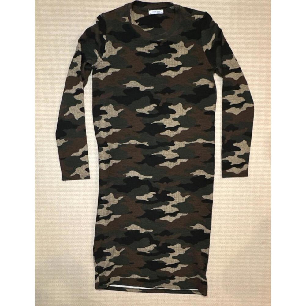 Zara Camouflage Bodycon Midi Dress Crew Neck Long Sleeve Size M